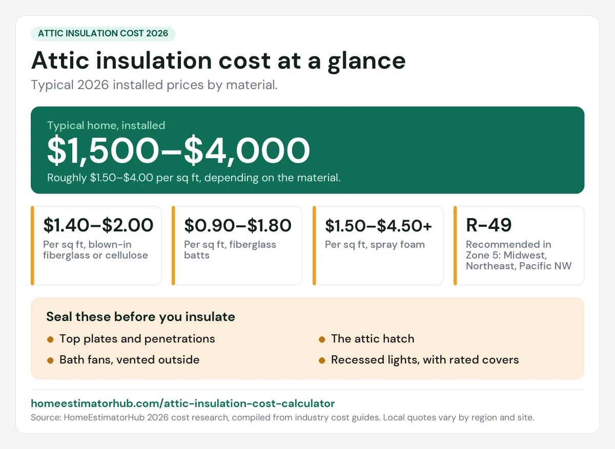 Attic insulation cost 2026 at a glance: $1,500–$4,000 for a typical home, $1.40–$2.00 per sq ft for blown-in