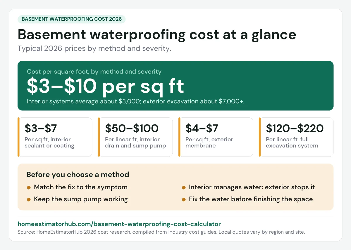 Basement waterproofing cost 2026 at a glance: $3–$10 per sq ft, about $3,000 interior and $7,000+ exterior