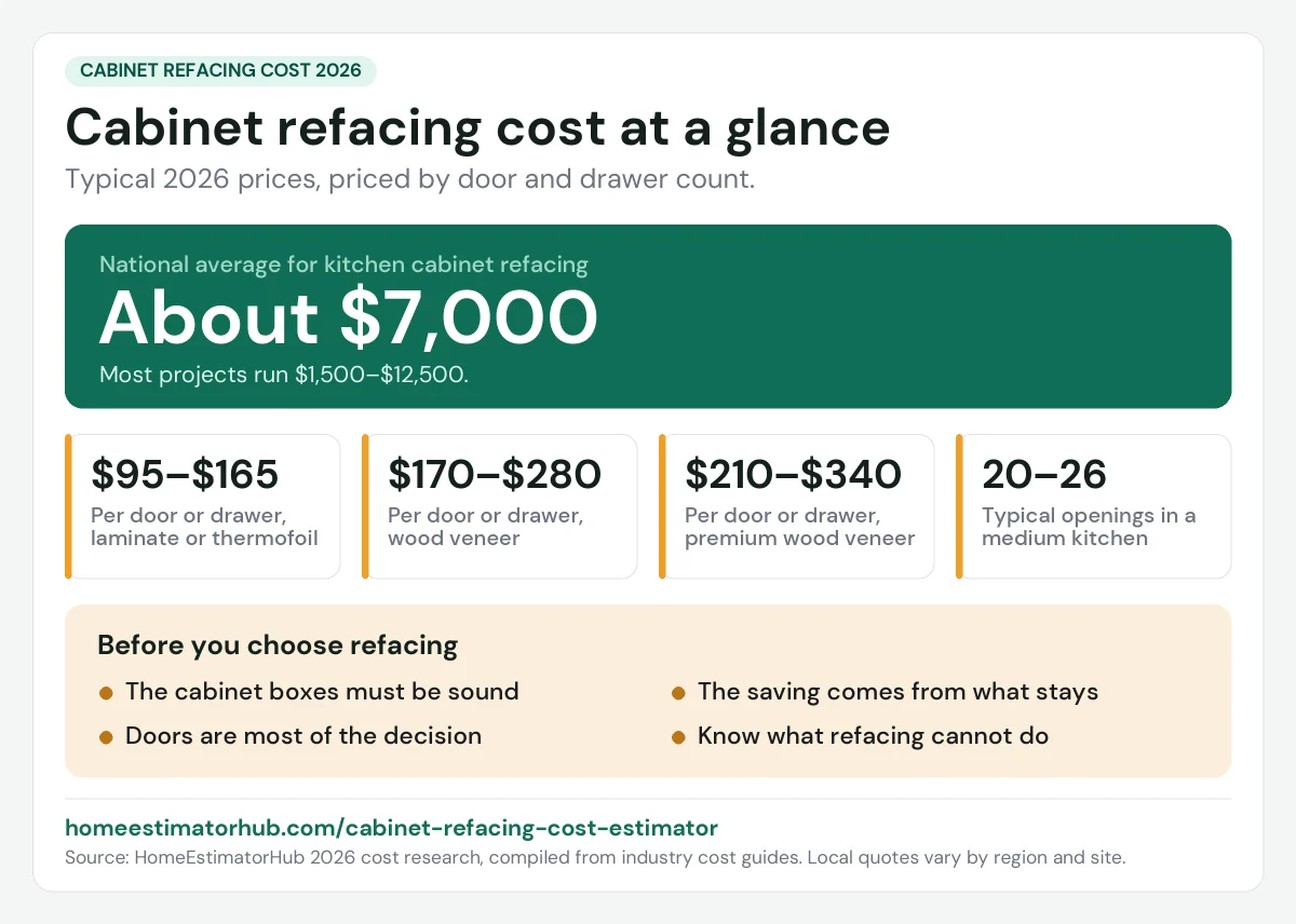 Cabinet refacing cost 2026 at a glance: about $7,000 average, $1,500–$12,500 typical, priced per door and drawer