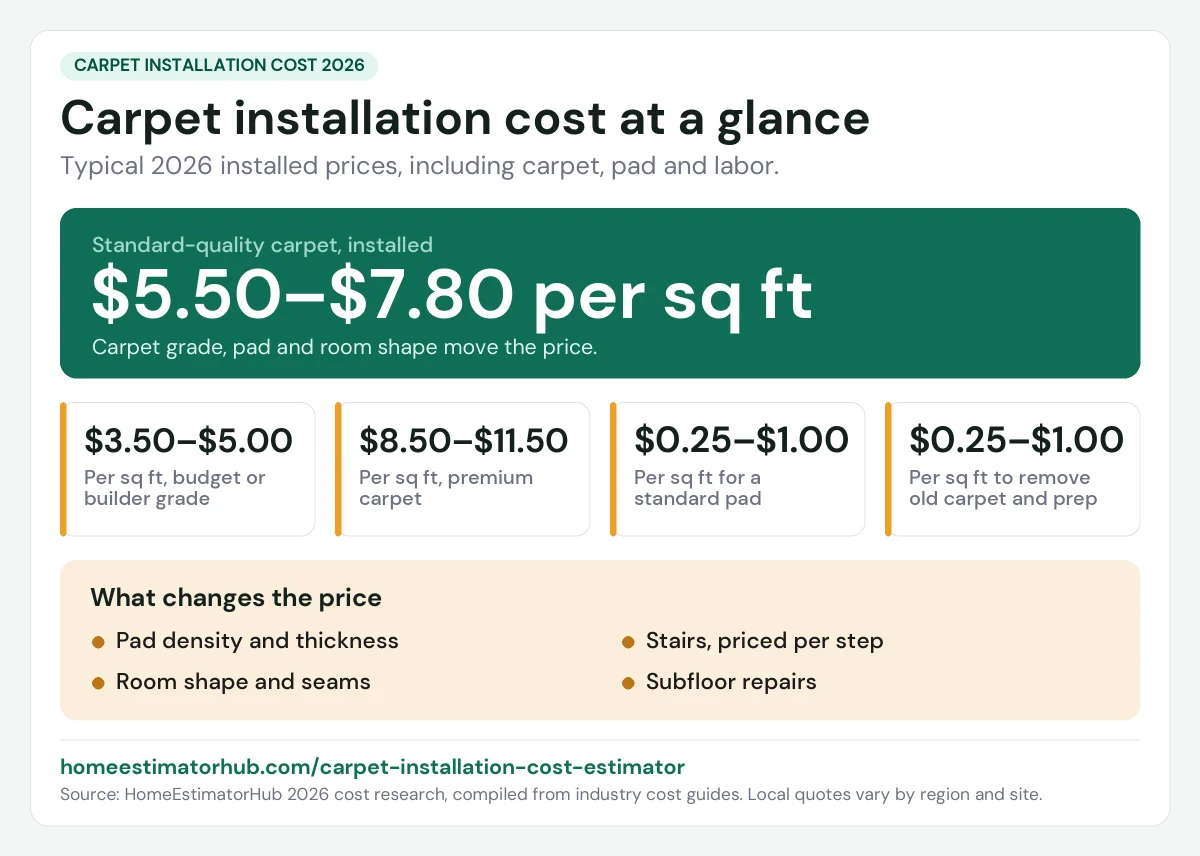 Carpet installation cost 2026 at a glance: $5.50–$7.80 per sq ft installed for standard-quality carpet