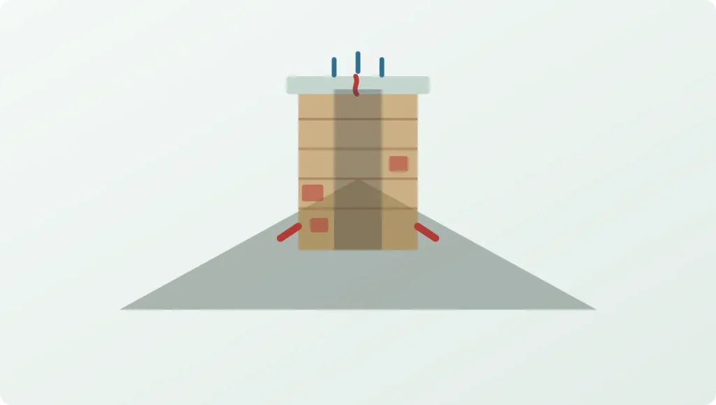 Chimney cross-section showing a cracked crown, gaps in the flashing, spalling brick faces and the flue liner