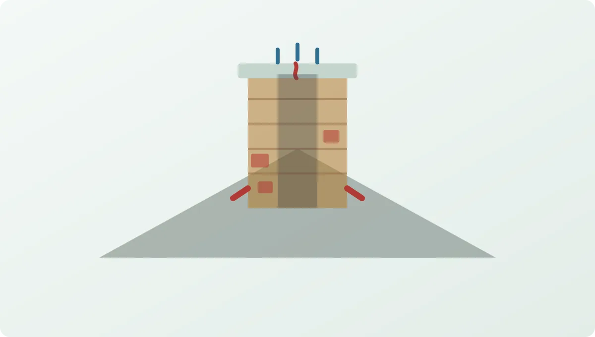 Chimney cross-section showing a cracked crown, gaps in the flashing, spalling brick faces and the flue liner