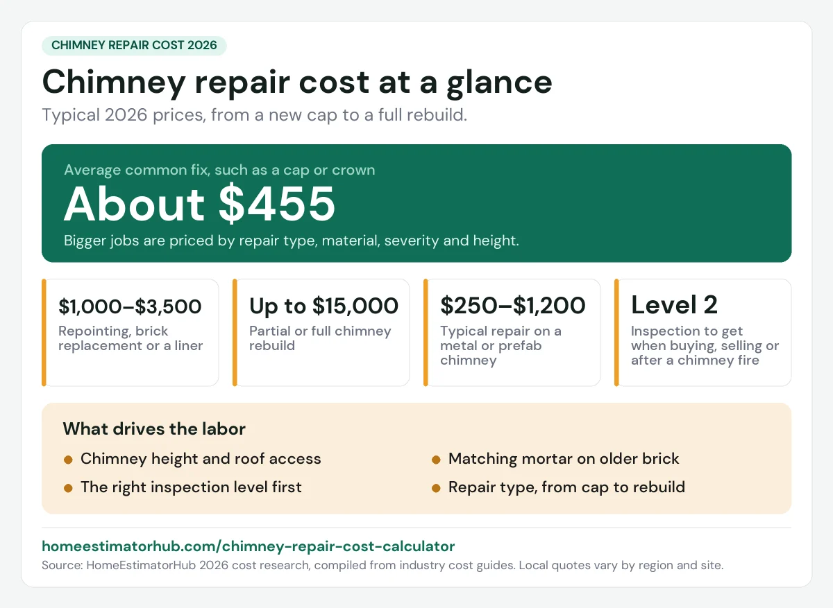 Chimney repair cost 2026 at a glance: about $455 for a common fix, $1,000–$3,500 for repointing or a liner