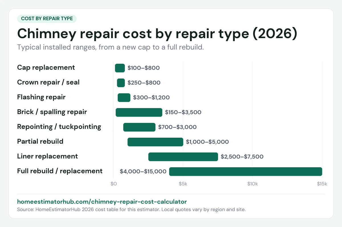 Chimney repair cost chart for 2026 by repair type: cap $100–$800, liner $2,500–$7,500, full rebuild $4,000–$15,000