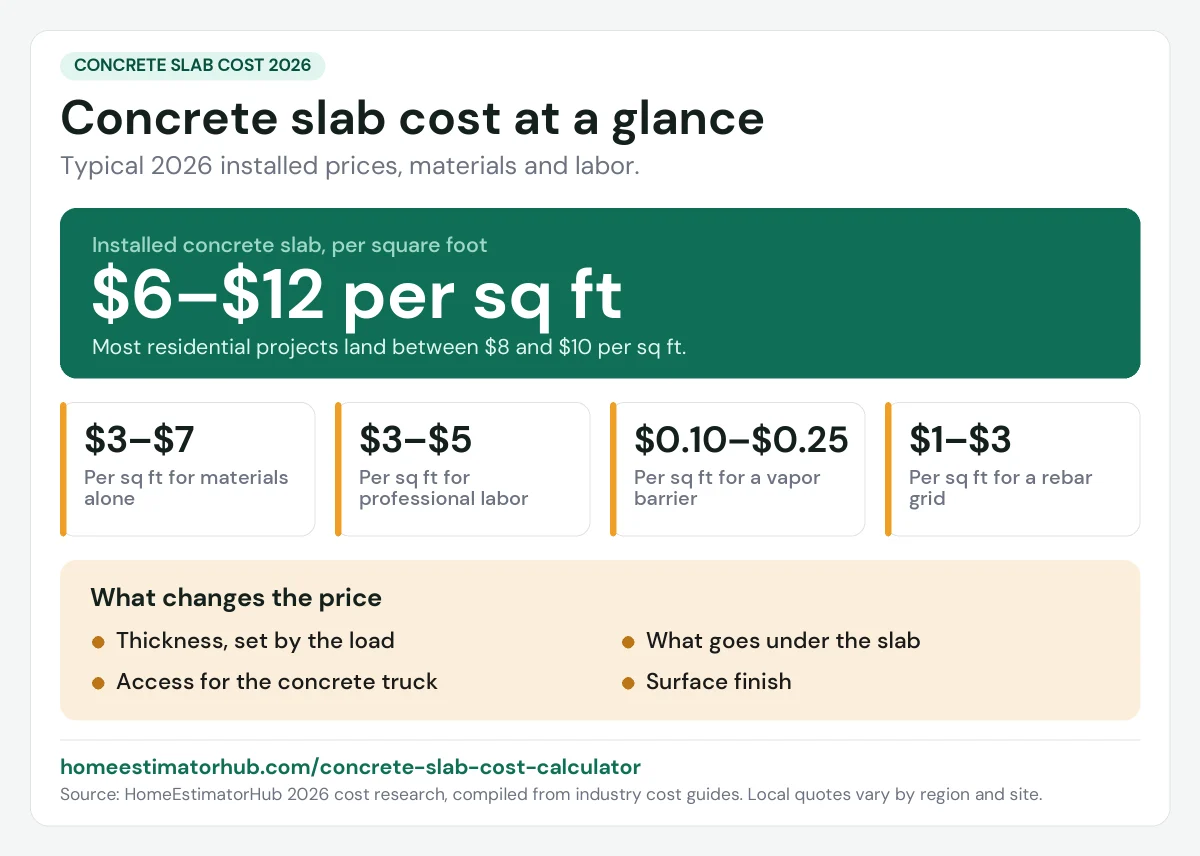 Concrete slab cost 2026 at a glance: $6–$12 per sq ft installed, $3–$7 materials and $3–$5 labor per sq ft