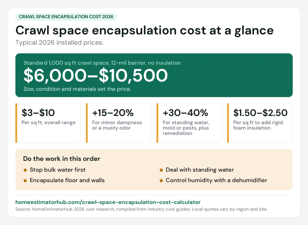 Crawl space encapsulation cost 2026 at a glance: $6,000–$10,500 for 1,000 sq ft, $3–$10 per sq ft overall