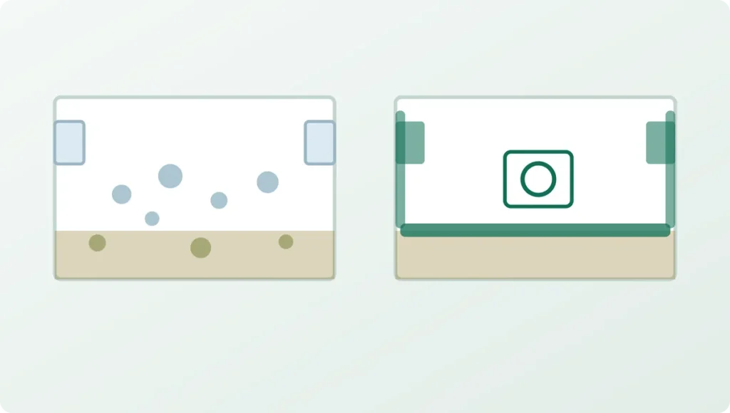 Two crawl spaces compared: a vented damp one with moisture and mold, and a sealed one with a vapor barrier and dehumidifier