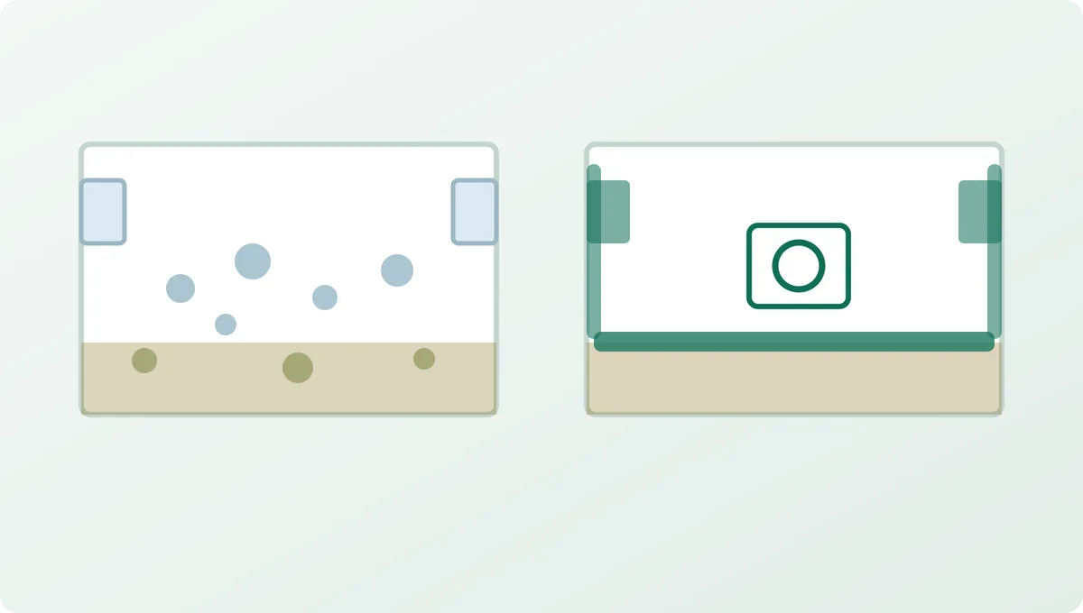 Two crawl spaces compared: a vented damp one with moisture and mold, and a sealed one with a vapor barrier and dehumidifier