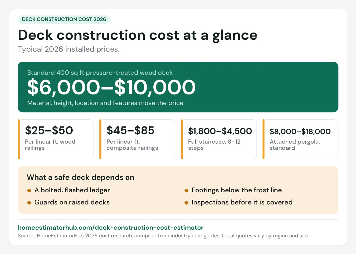 Deck construction cost 2026 at a glance: $6,000–$10,000 for a 400 sq ft pressure-treated wood deck