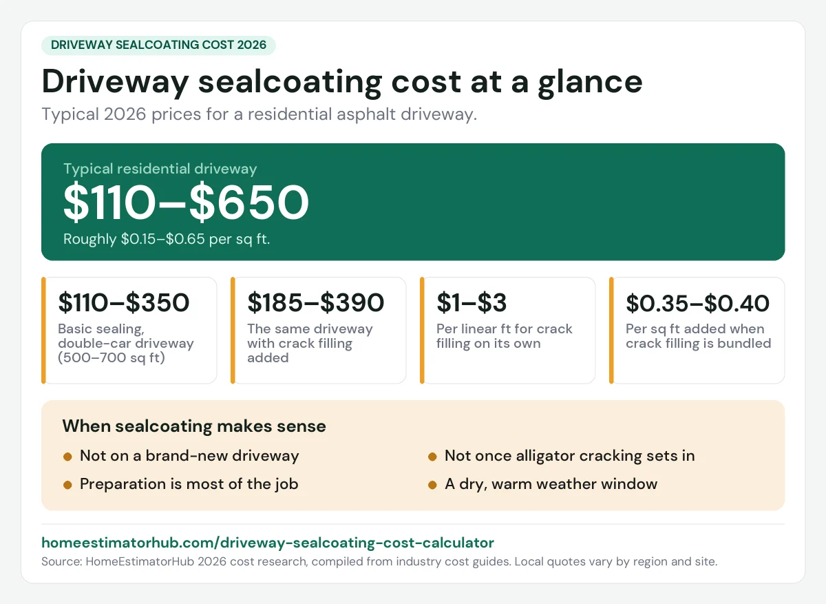 Driveway sealcoating cost 2026 at a glance: $110–$650 for a typical driveway, $0.15–$0.65 per sq ft