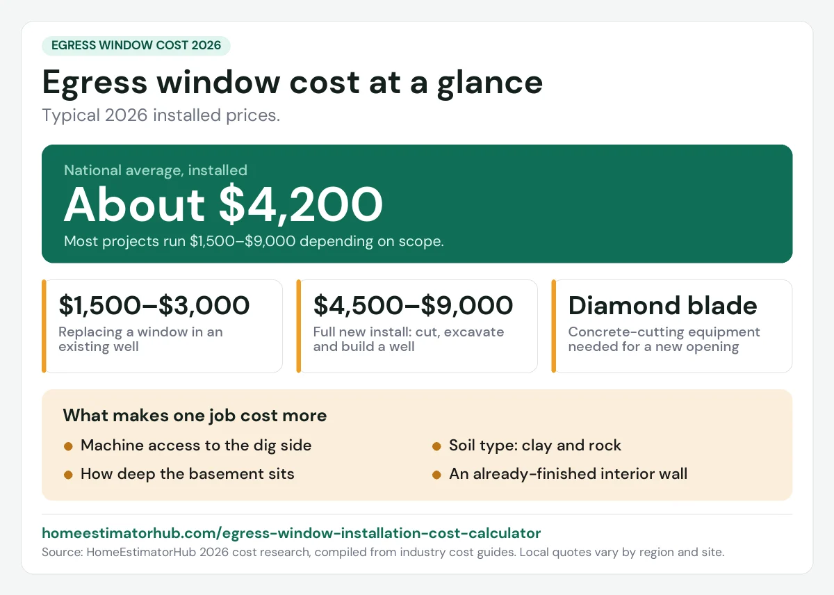 Egress window cost 2026 at a glance: about $4,200 average, $1,500–$3,000 in an existing well, $4,500–$9,000 new