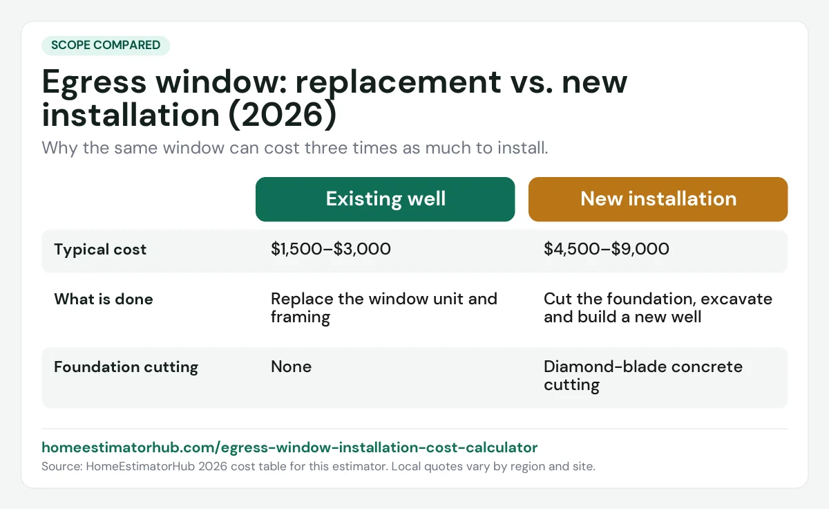 Egress window cost chart: $1,500–$3,000 to replace a window in an existing well vs $4,500–$9,000 for a new installation