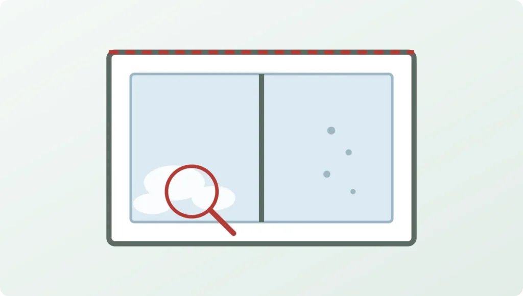 Window unit with condensation trapped between the panes, indicating a failed insulating glass seal