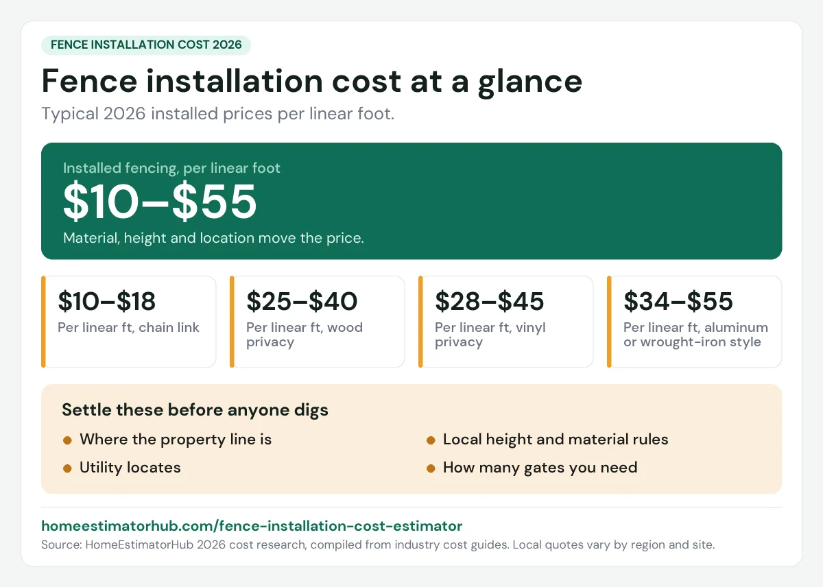 Fence installation cost 2026 at a glance: $10–$55 per linear ft, from $10–$18 chain link to $34–$55 aluminum
