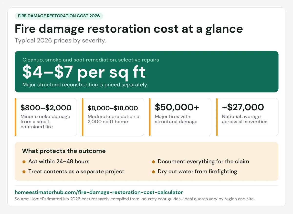 Fire damage restoration cost 2026 at a glance: $4–$7 per sq ft for cleanup, $8,000–$18,000 for a moderate project
