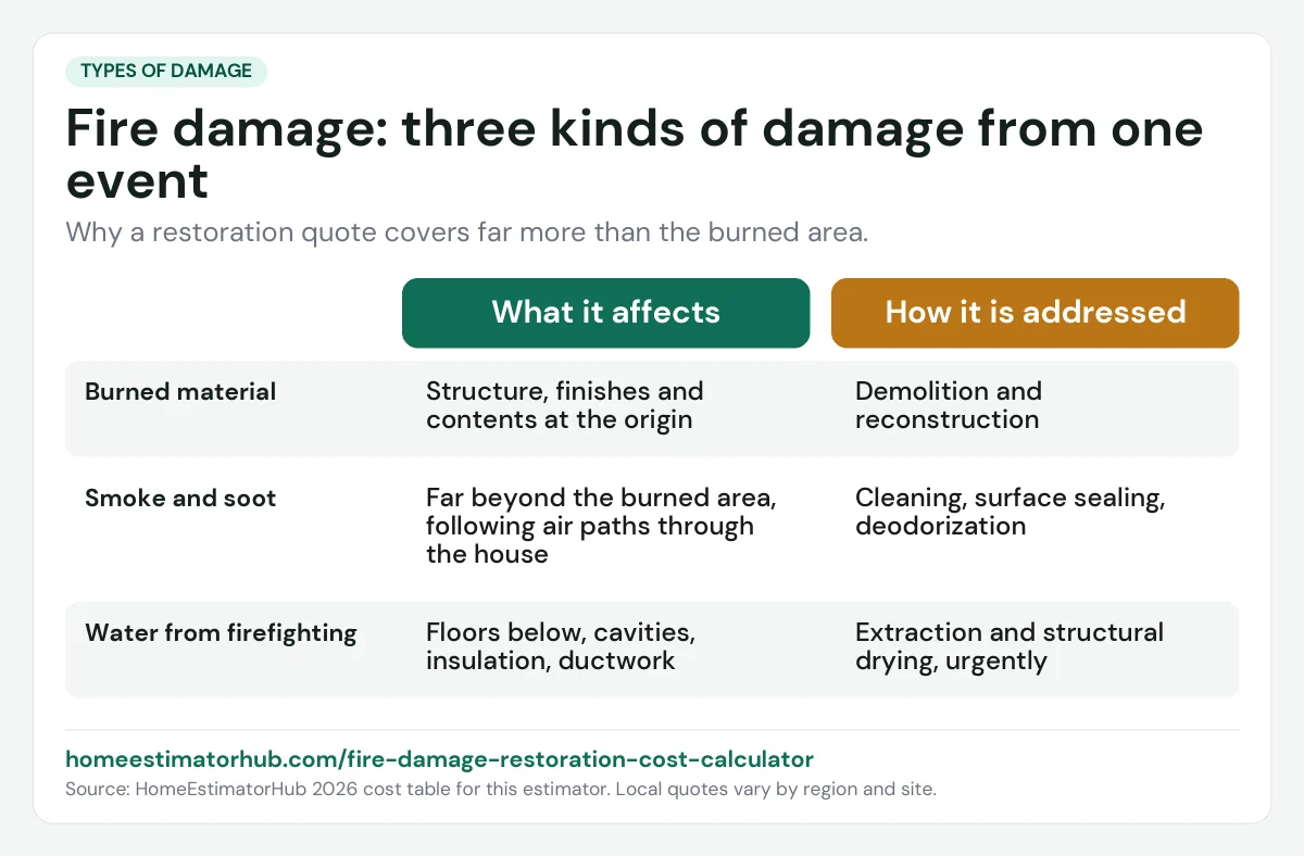 Fire damage restoration chart: burned material, smoke and soot, and firefighting water, what each affects and how it is fixed