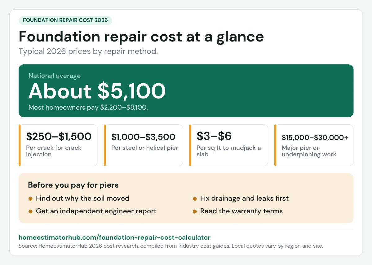 Foundation repair cost 2026 at a glance: about $5,100 average, most homeowners pay $2,200–$8,100