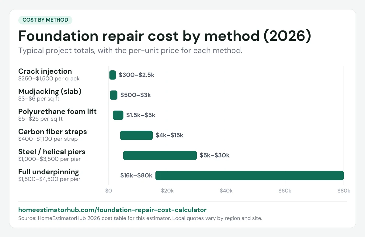 Foundation repair cost by method chart for 2026: crack injection $300–$2,500 up to full underpinning $16,000–$80,000