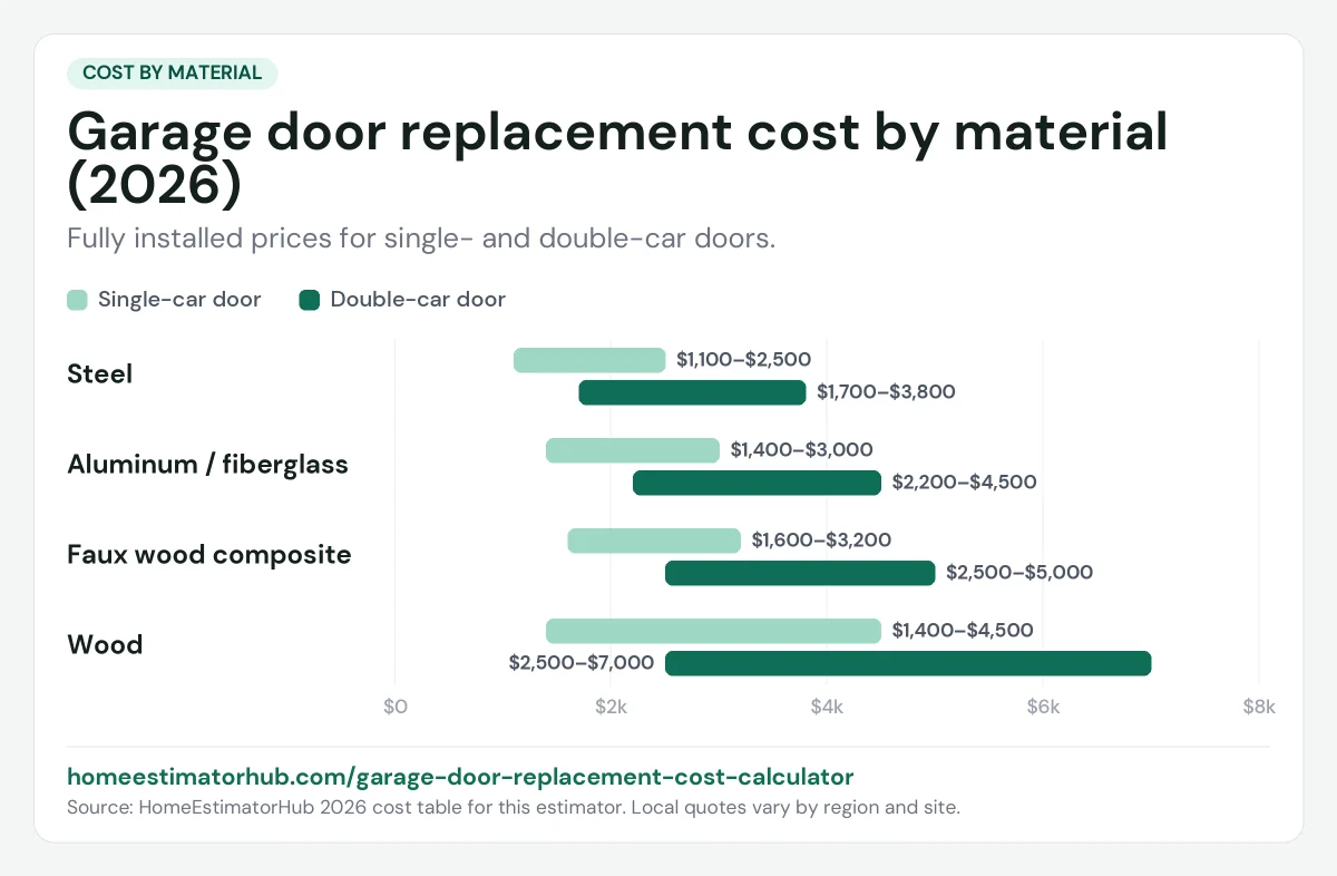 Garage door replacement cost by material chart for 2026: steel $1,100–$3,800, wood $1,400–$7,000, single and double doors
