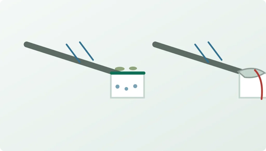 Two gutter sections compared: micro-mesh letting water through while shedding debris, and a reverse-curve guard overshooting in heavy rain