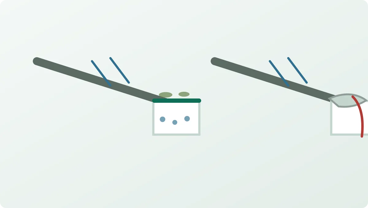 Two gutter sections compared: micro-mesh letting water through while shedding debris, and a reverse-curve guard overshooting in heavy rain