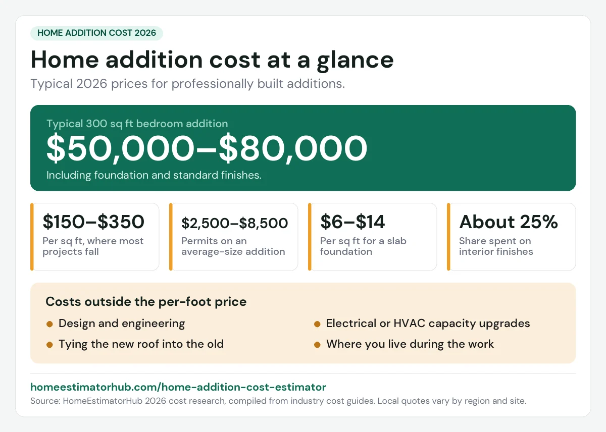 Home addition cost 2026 at a glance: $50,000–$80,000 for a 300 sq ft bedroom, $150–$350 per sq ft for most projects