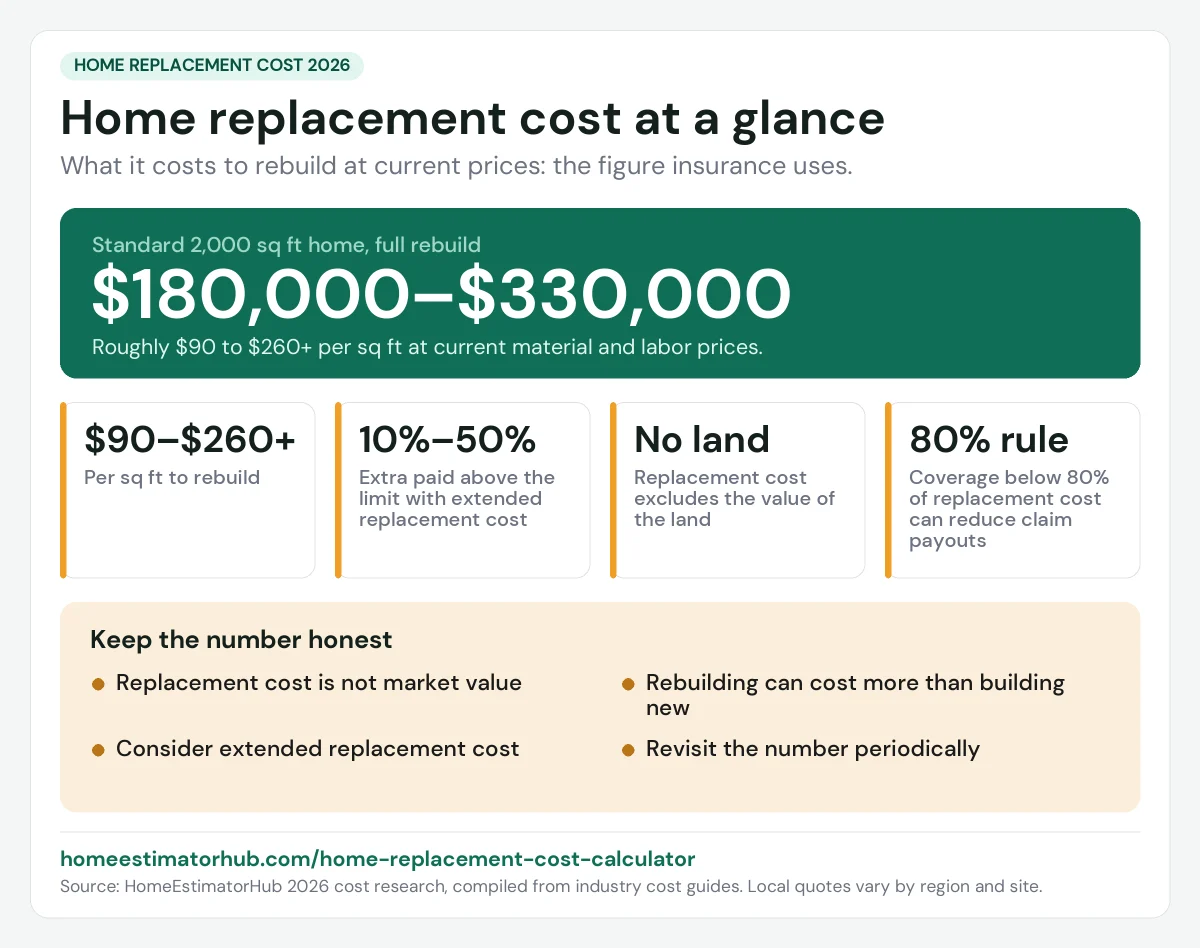 Home replacement cost 2026 at a glance: $180,000–$330,000 to rebuild a 2,000 sq ft home, $90–$260+ per sq ft