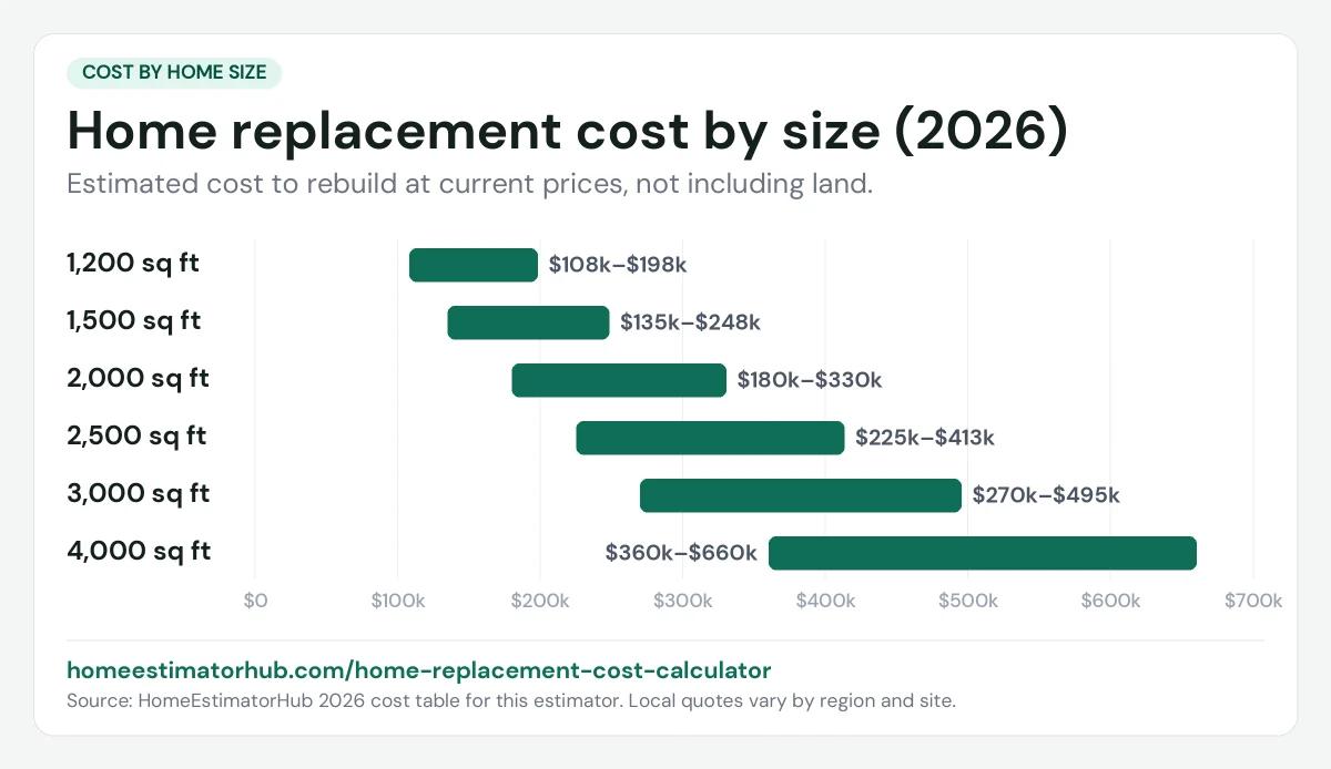 Home replacement cost by size chart for 2026: $108,000–$198,000 for 1,200 sq ft up to $360,000–$660,000 for 4,000 sq ft