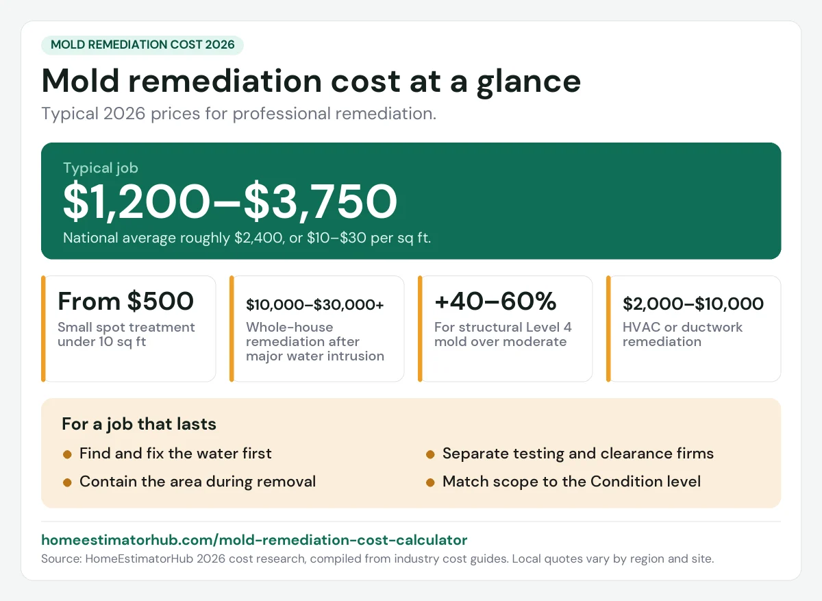 Mold remediation cost 2026 at a glance: $1,200–$3,750 for a typical job, national average roughly $2,400
