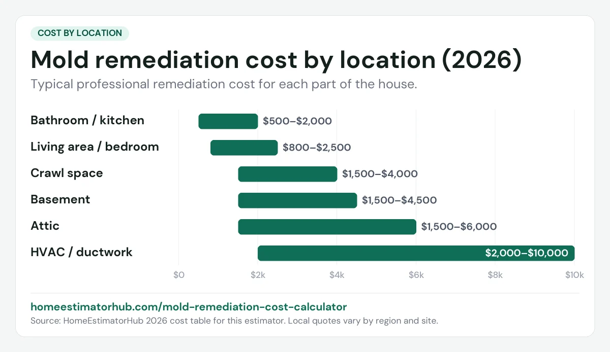 Mold remediation cost by location chart for 2026: bathroom $500–$2,000, basement $1,500–$4,500, ductwork $2,000–$10,000