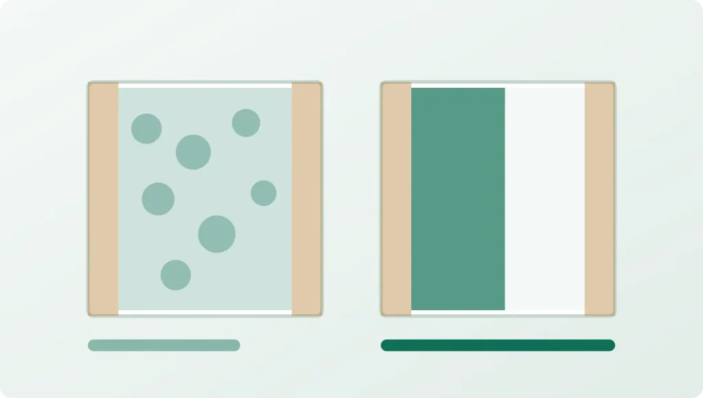 Two stud bays compared: open-cell foam filling the full cavity at low density, and closed-cell foam applied as a thinner denser layer