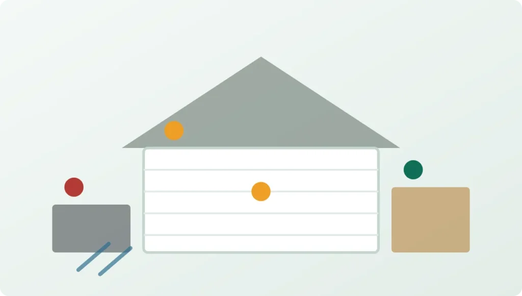 House with surfaces marked by recommended washing frequency, from frequent on driveways to rare on decks