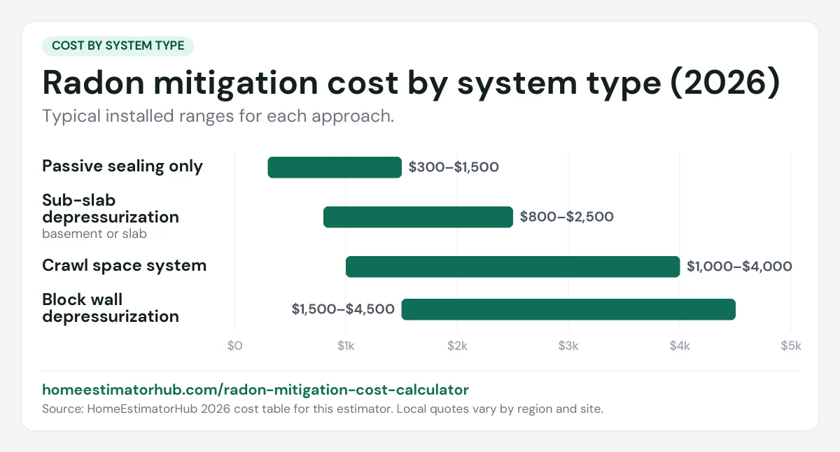 Radon mitigation cost by system type chart for 2026: sub-slab $800–$2,500, crawl space $1,000–$4,000, block wall $1,500–$4,500