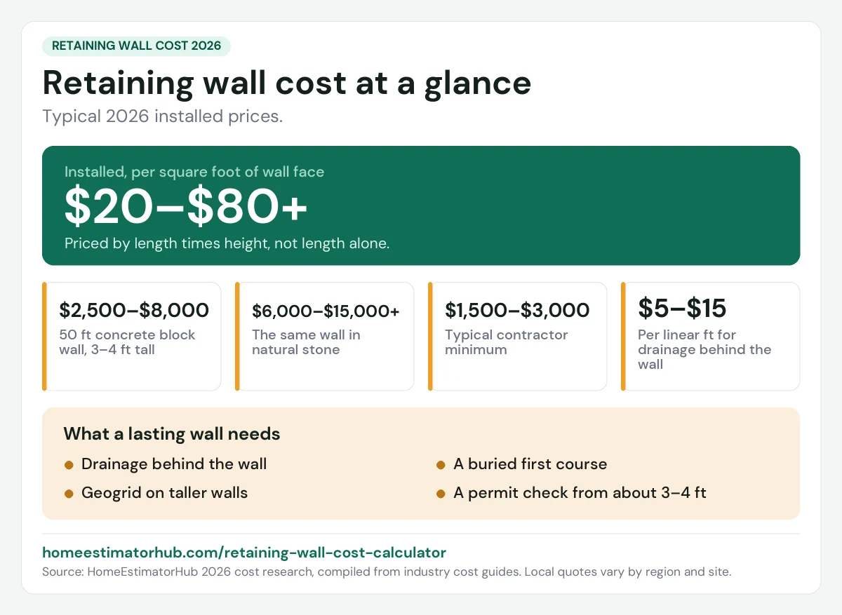 Retaining wall cost 2026 at a glance: $20–$80+ per sq ft of wall face, $2,500–$8,000 for a 50 ft block wall