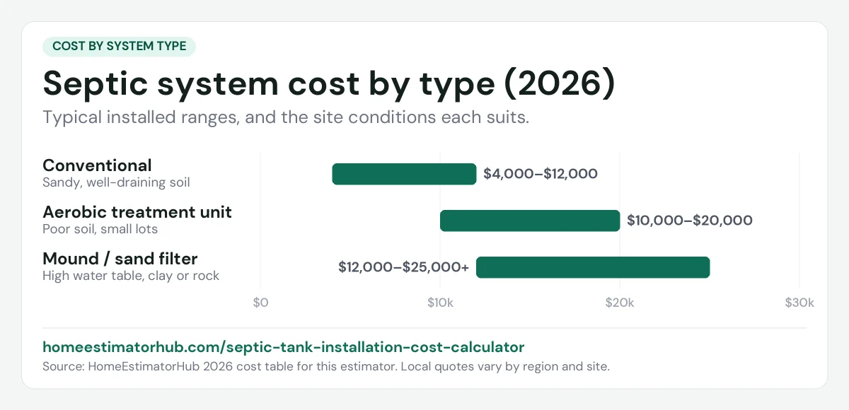 Septic system cost by type chart for 2026: conventional $4,000–$12,000, aerobic $10,000–$20,000, mound $12,000–$25,000+