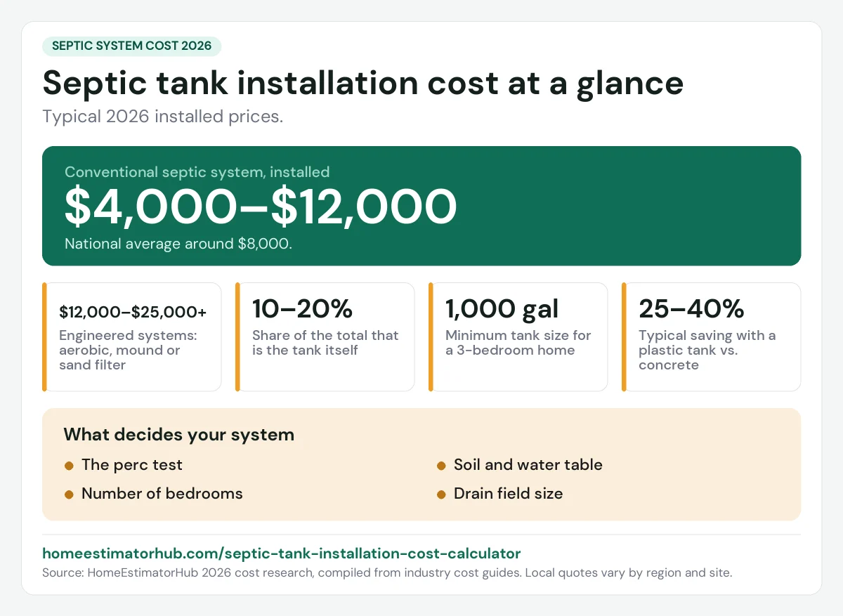 Septic tank installation cost 2026 at a glance: $4,000–$12,000 for a conventional system, national average around $8,000