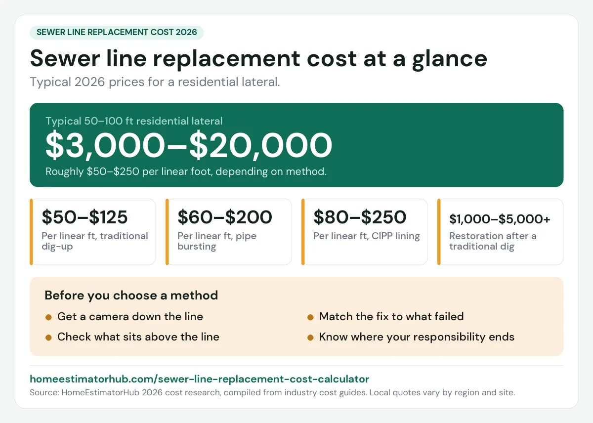 Sewer line replacement cost 2026 at a glance: $3,000–$20,000 for a 50–100 ft lateral, $50–$250 per linear ft