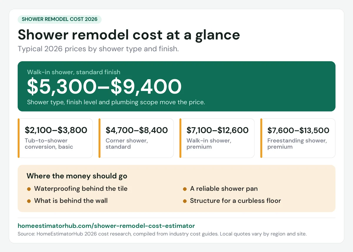 Shower remodel cost 2026 at a glance: $5,300–$9,400 for a standard walk-in shower, $2,100–$3,800 basic tub-to-shower