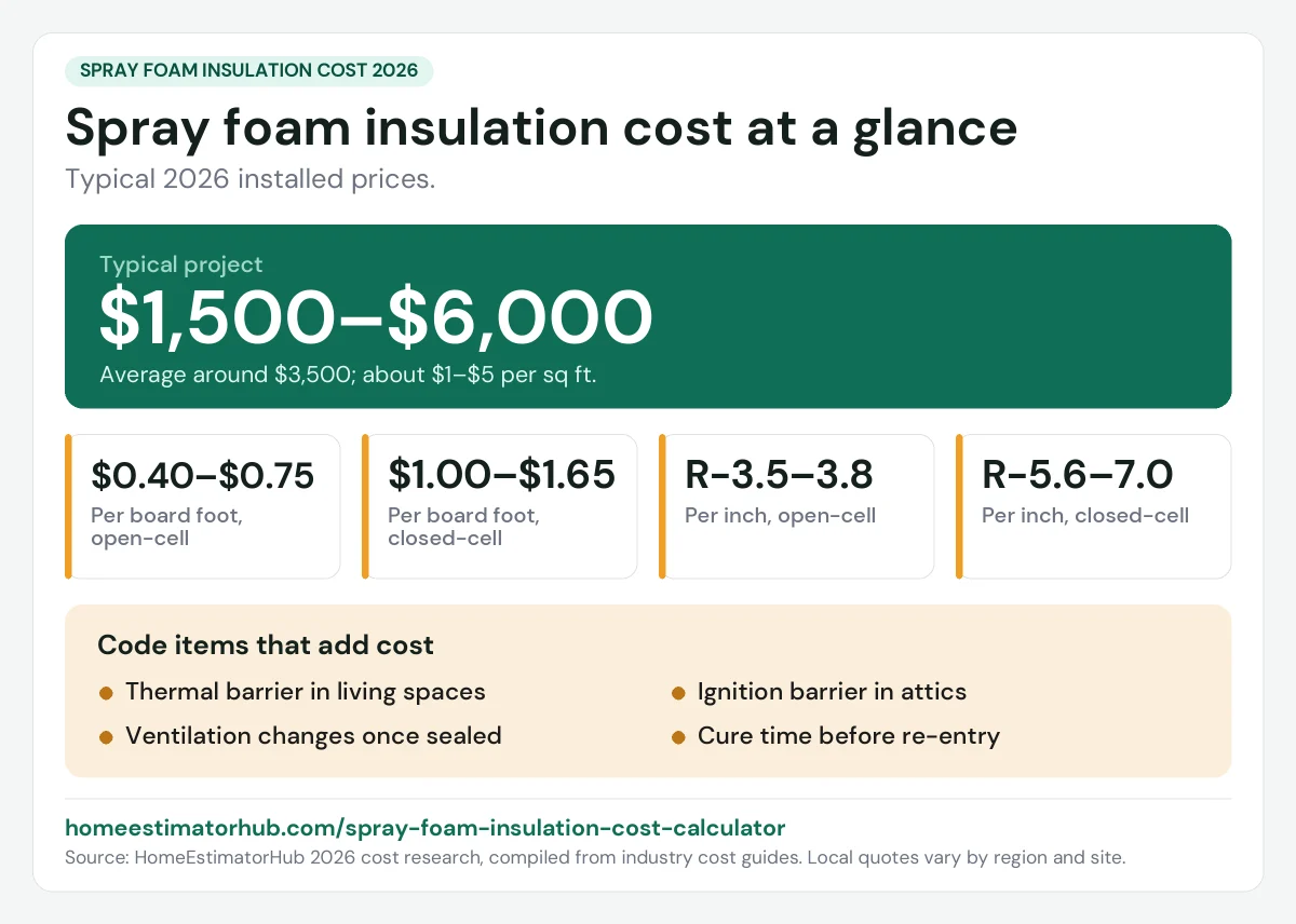 Spray foam insulation cost 2026 at a glance: $1,500–$6,000 per project, $0.40–$0.75 per board foot open-cell