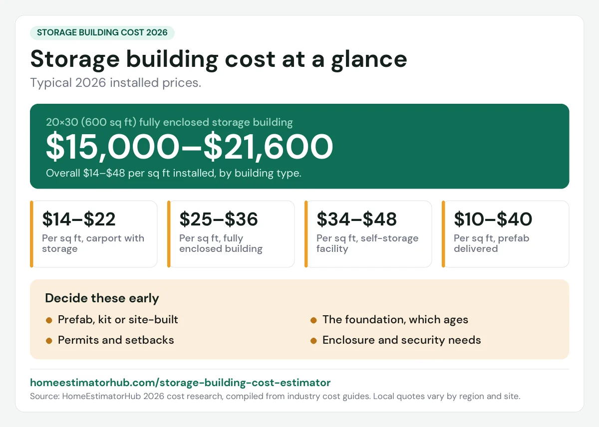 Storage building cost 2026 at a glance: $15,000–$21,600 for a 20×30 enclosed building, $14–$48 per sq ft