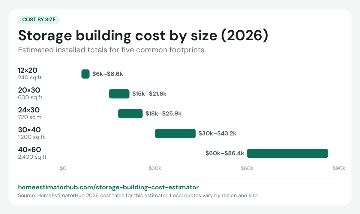 Storage building cost by size chart for 2026: 12×20 $6,000–$8,600 up to 40×60 $60,000–$86,400