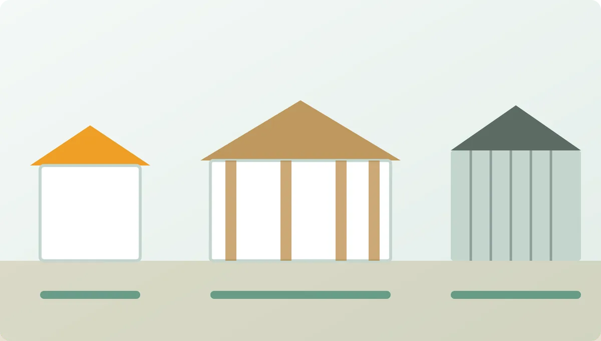 Three buildings compared: a small storage shed, a post-frame pole barn with embedded posts, and a steel-framed metal building