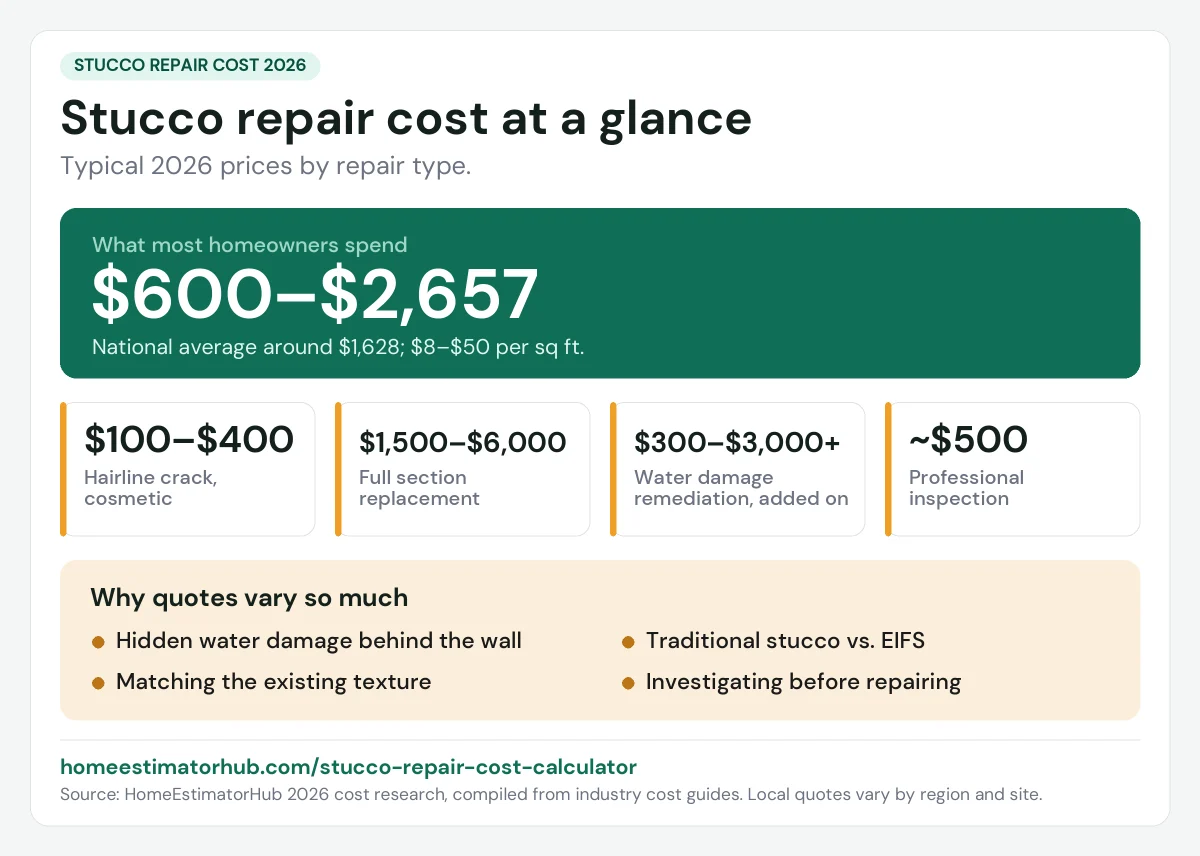 Stucco repair cost 2026 at a glance: $600–$2,657 for most homeowners, national average around $1,628