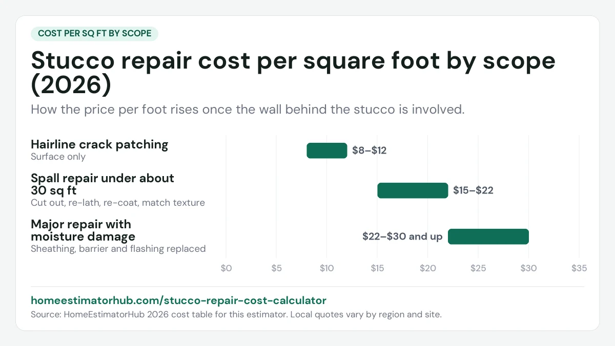 Stucco repair cost per sq ft chart for 2026: hairline cracks $8–$12, spall repair $15–$22, moisture damage $22–$30 and up