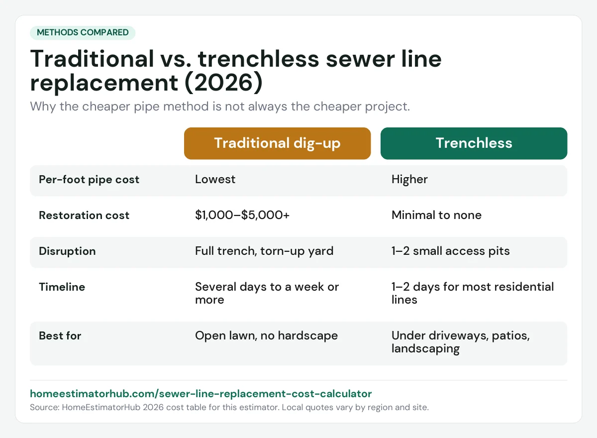 Traditional vs trenchless sewer line replacement chart: pipe cost, restoration, disruption, timeline and best use