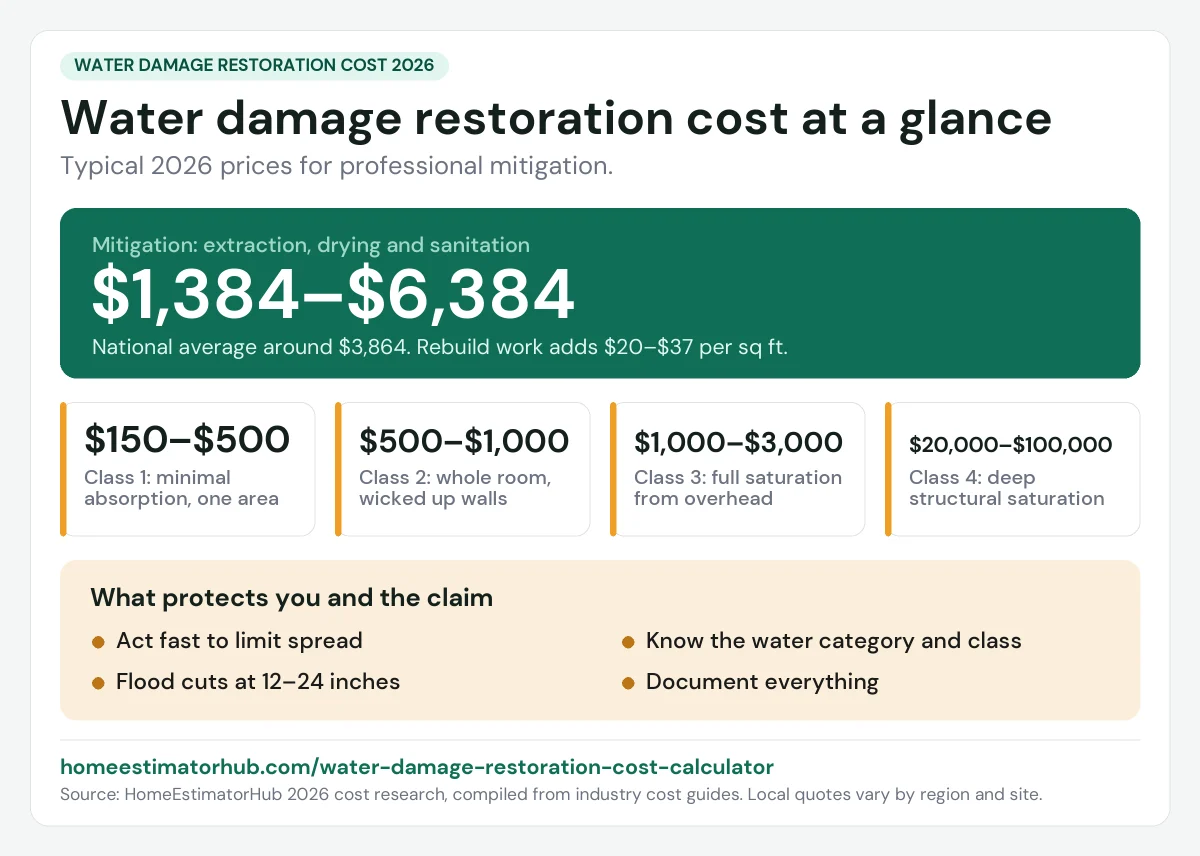 Water damage restoration cost 2026 at a glance: $1,384–$6,384 for mitigation, national average around $3,864