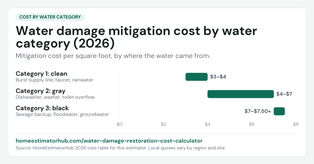 Water damage mitigation cost by category chart for 2026: clean water $3–$4, gray $4–$7, black water $7–$7.50+ per sq ft