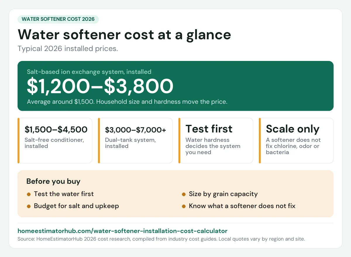 Water softener cost 2026 at a glance: $1,200–$3,800 for salt-based ion exchange, average around $1,500