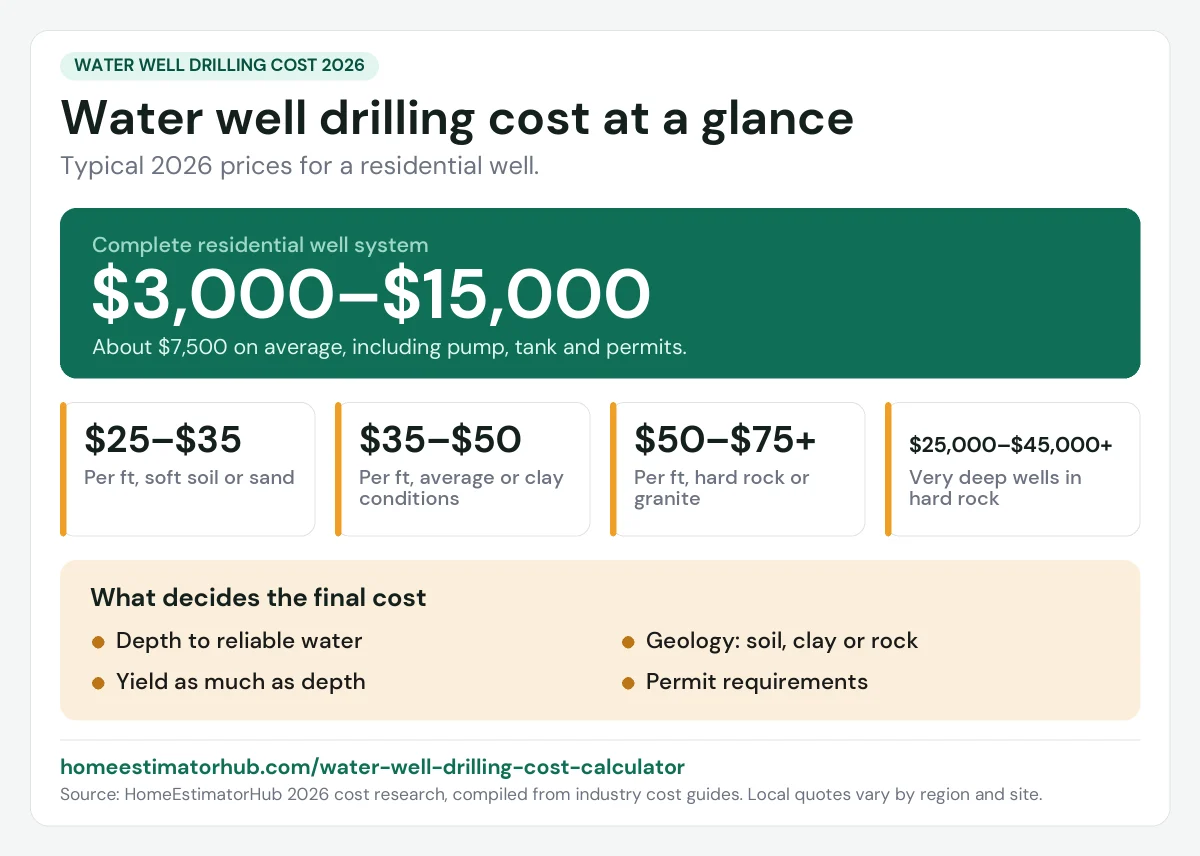 Water well drilling cost 2026 at a glance: $3,000–$15,000 for a complete system, about $7,500 on average