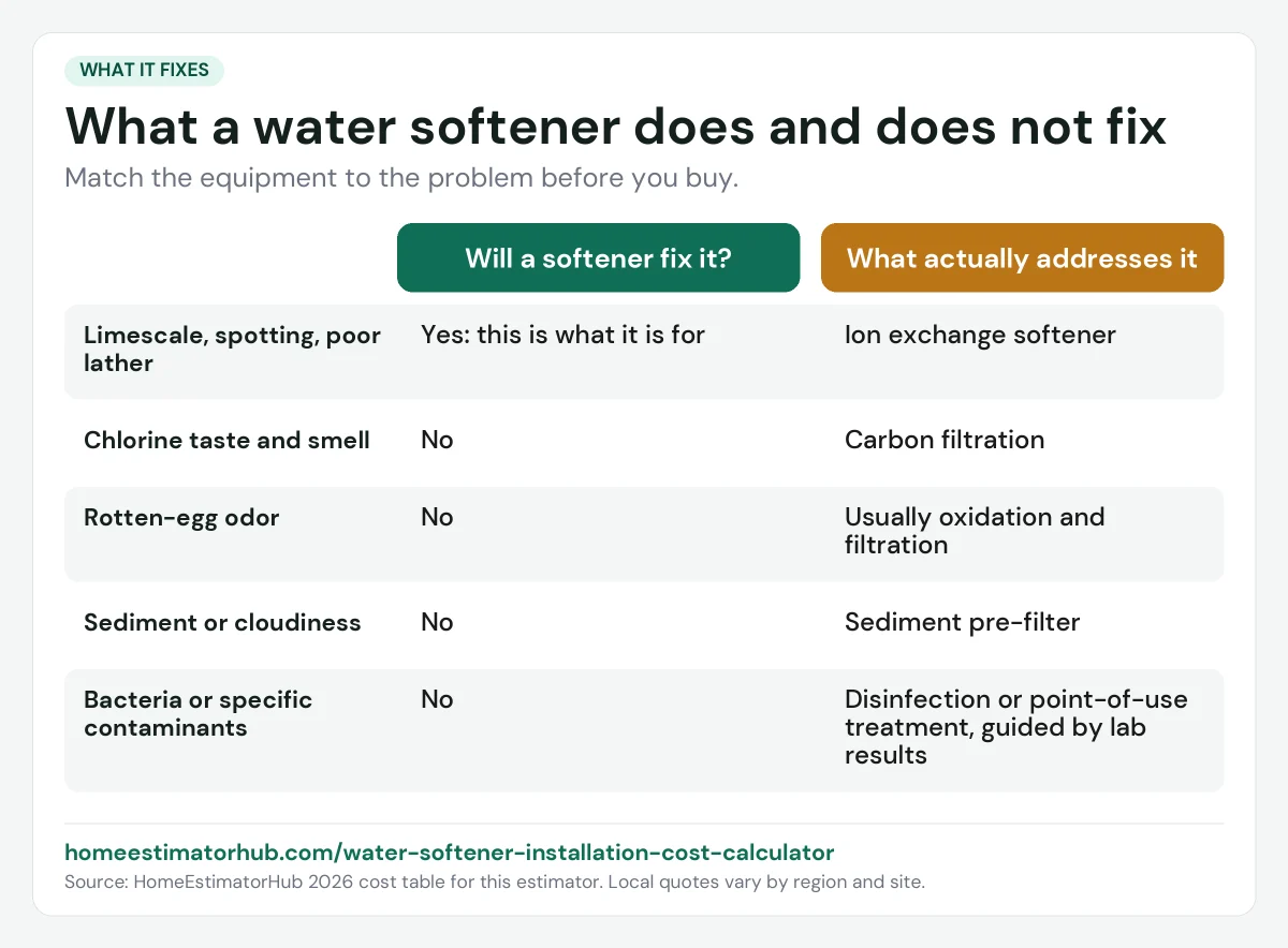 Chart of what a water softener fixes: limescale yes; chlorine, odor, sediment and bacteria need other treatment